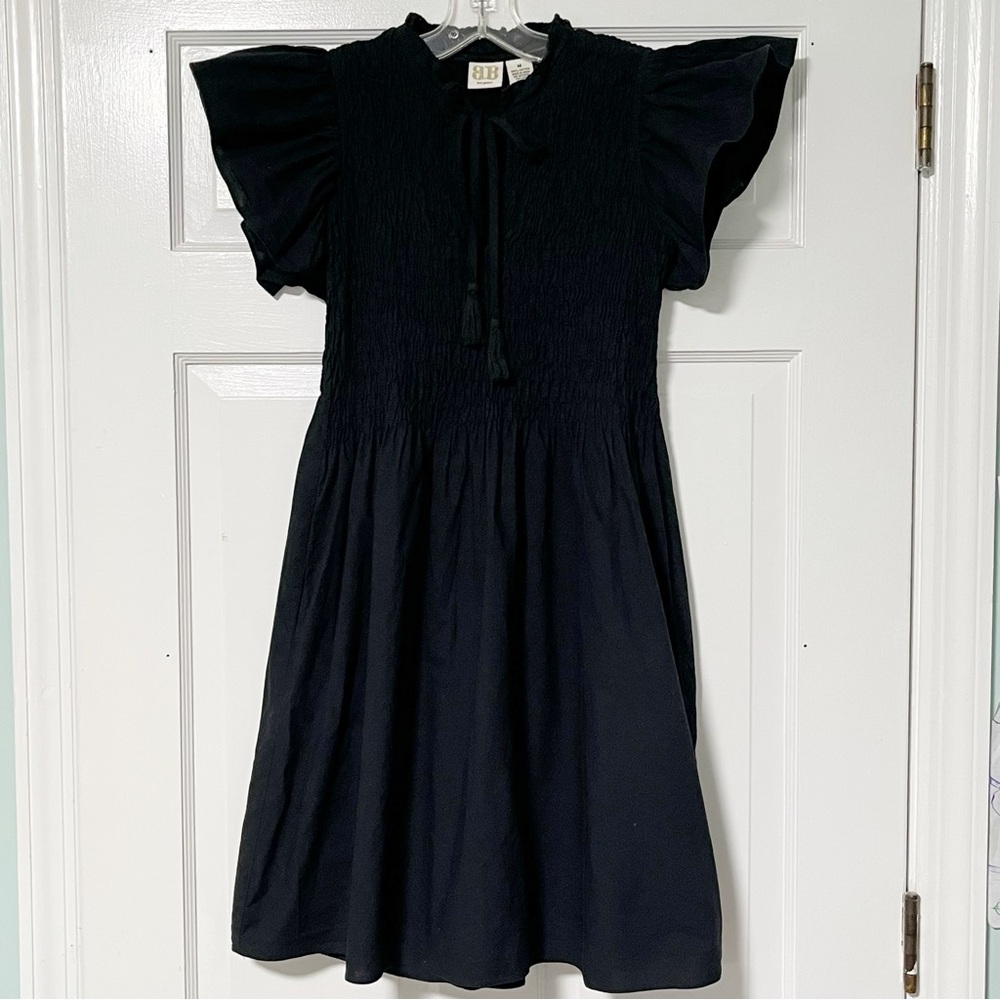 Boo Gemes Harbor View Stylish Black Smocked Flutter Sleeves Dress with Tassels